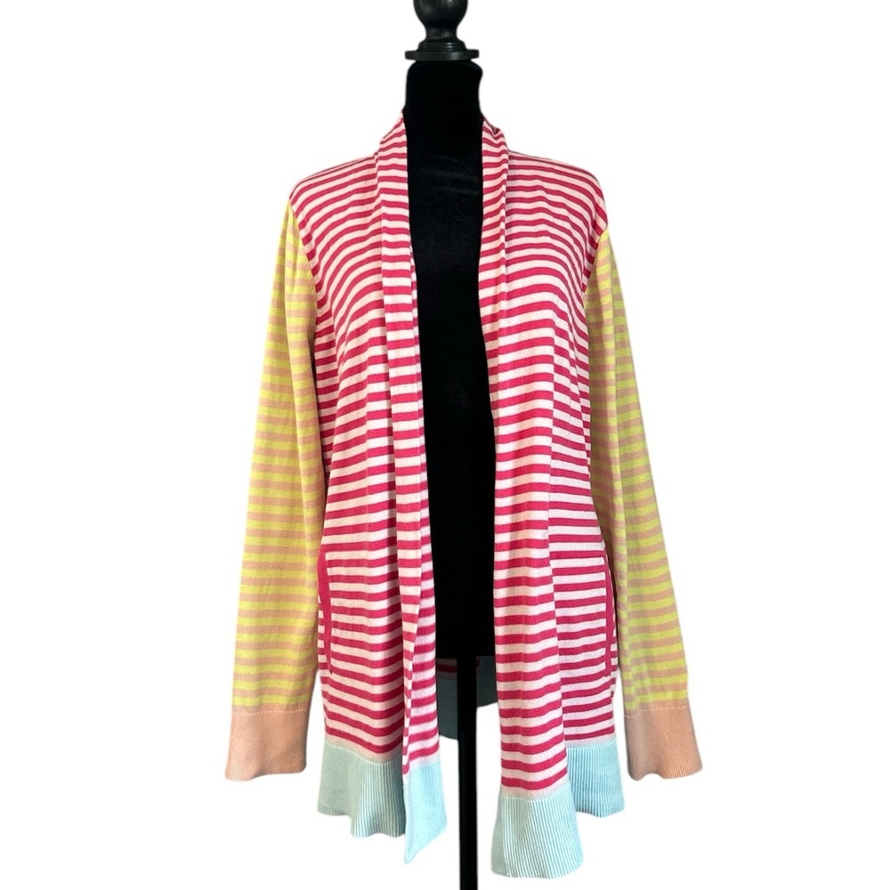 Lands’ End Striped Multi Color Open Front Long Ca… - image 1